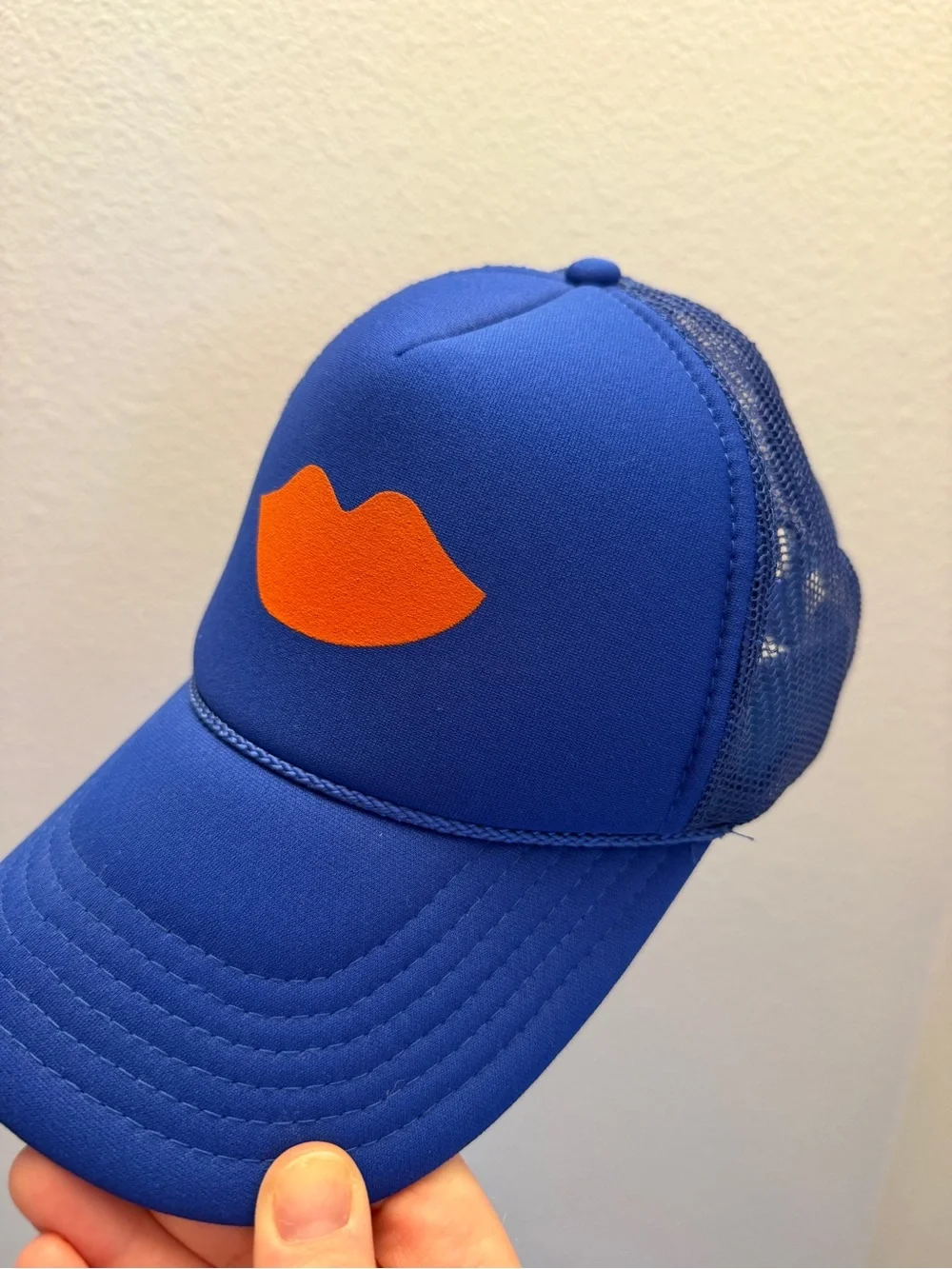 Clare V. Blue Trucker Hat with Lips Graphic